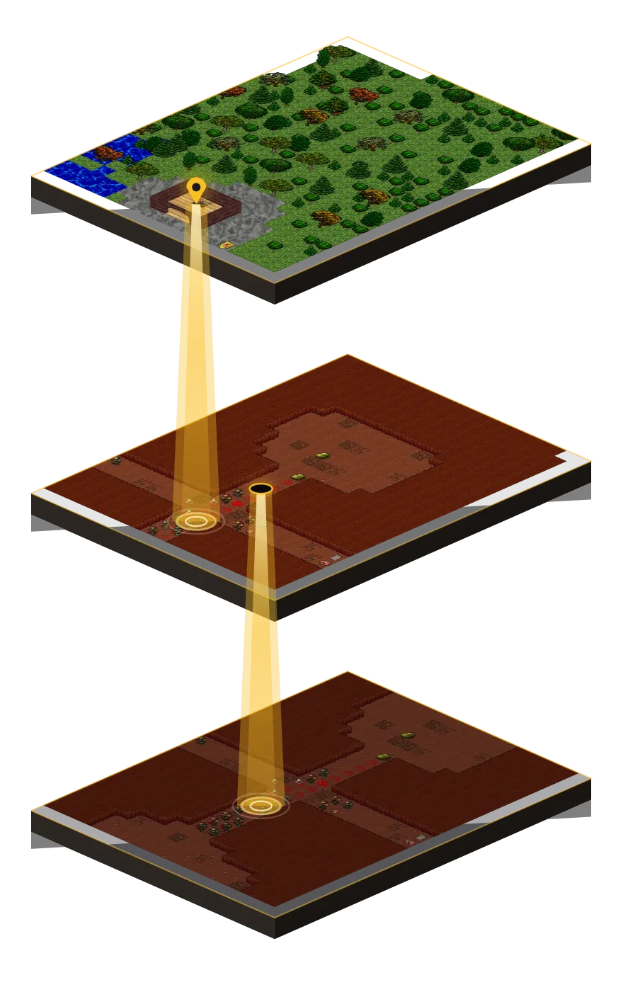Three stacked floors from a Tibia Relic recording — a forest, the cave below it, and a deeper cave reached through a pick hole.