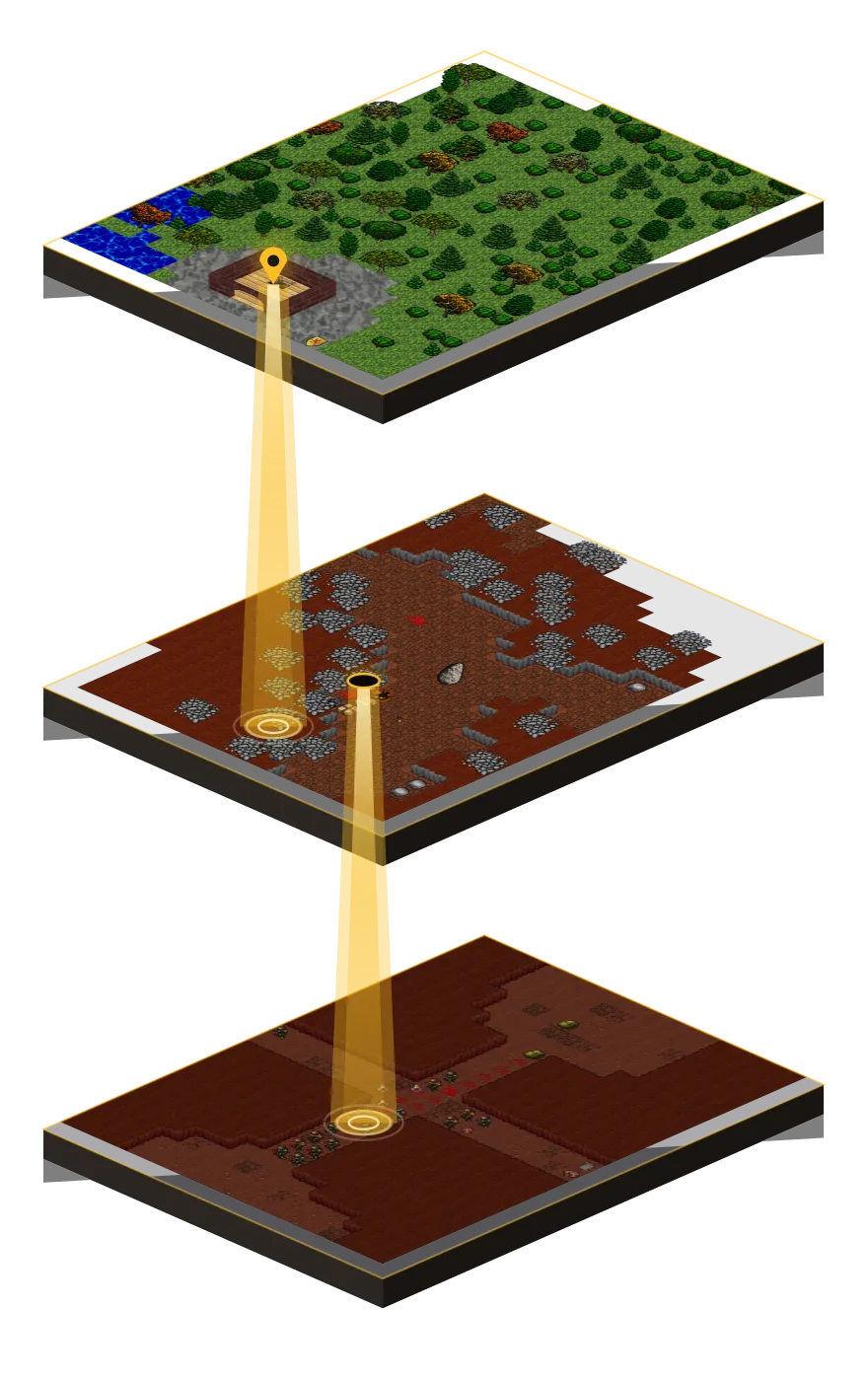 An isometric view of three floors recovered from Tibia Relic recordings — a forest surface, the cave directly beneath it, and a deeper cave again reached through a pick hole.
